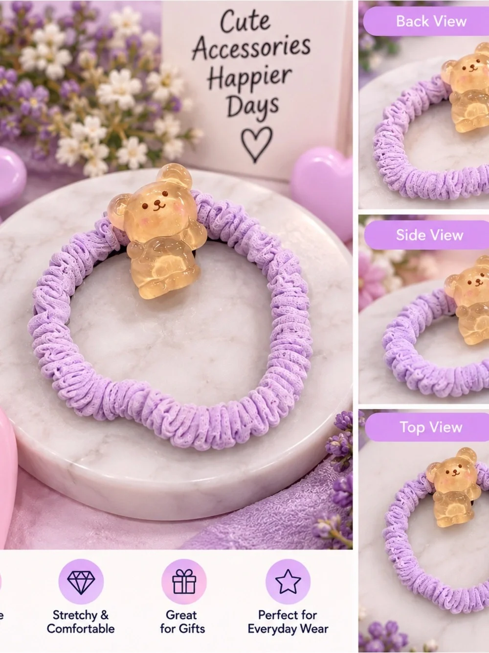 Kids Lavender Bear Charm Hair Tie - Cute Stretch Scrunchie